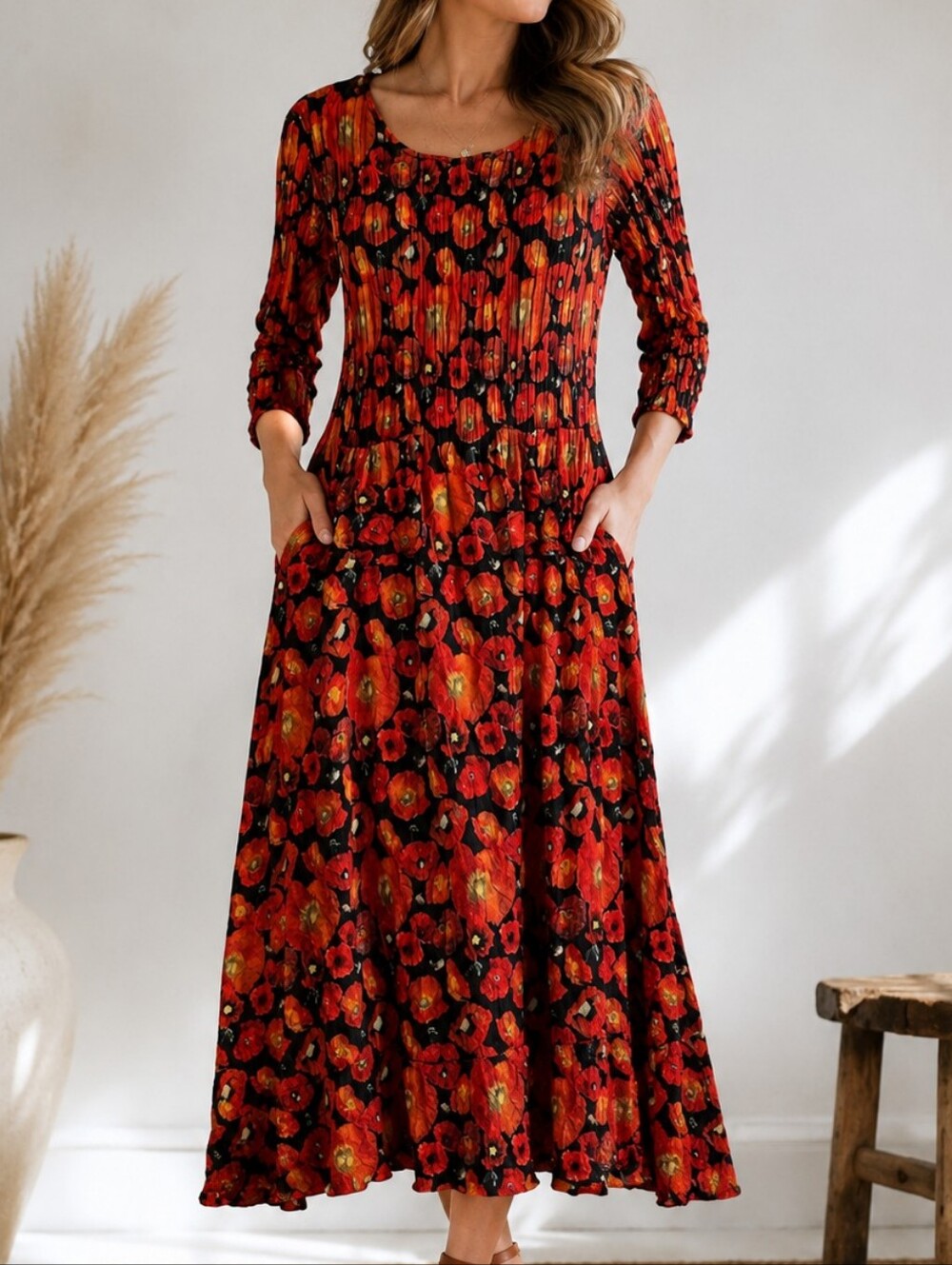 Alquema Crinkle Floral Maxi Dress | Red Poppy Print | 3/4 Sleeve | Size 1